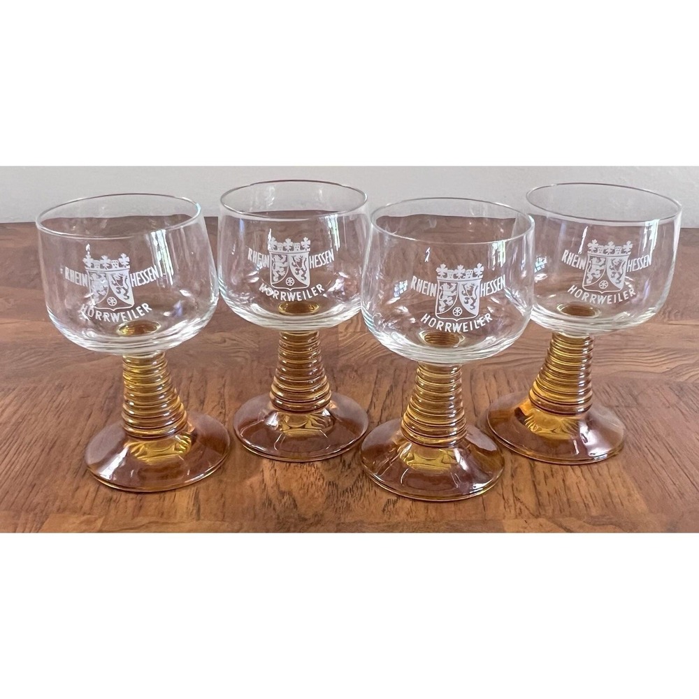 4  Rhein Hessen Horrweiler German Amber Beehive Stemmed Glasses Vintage EUC